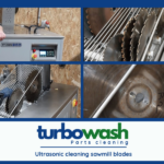 Ultrasonic cleaning sawmill blades