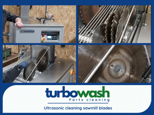 Ultrasonic cleaning sawmill blades