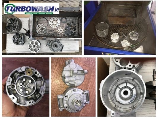 Spraywash & Ultrasonic Cleaning in an aircon compressor repair workshop