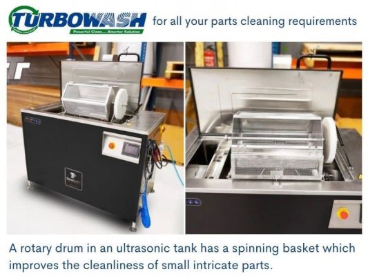 Rotary drum in an ultrasonic tank